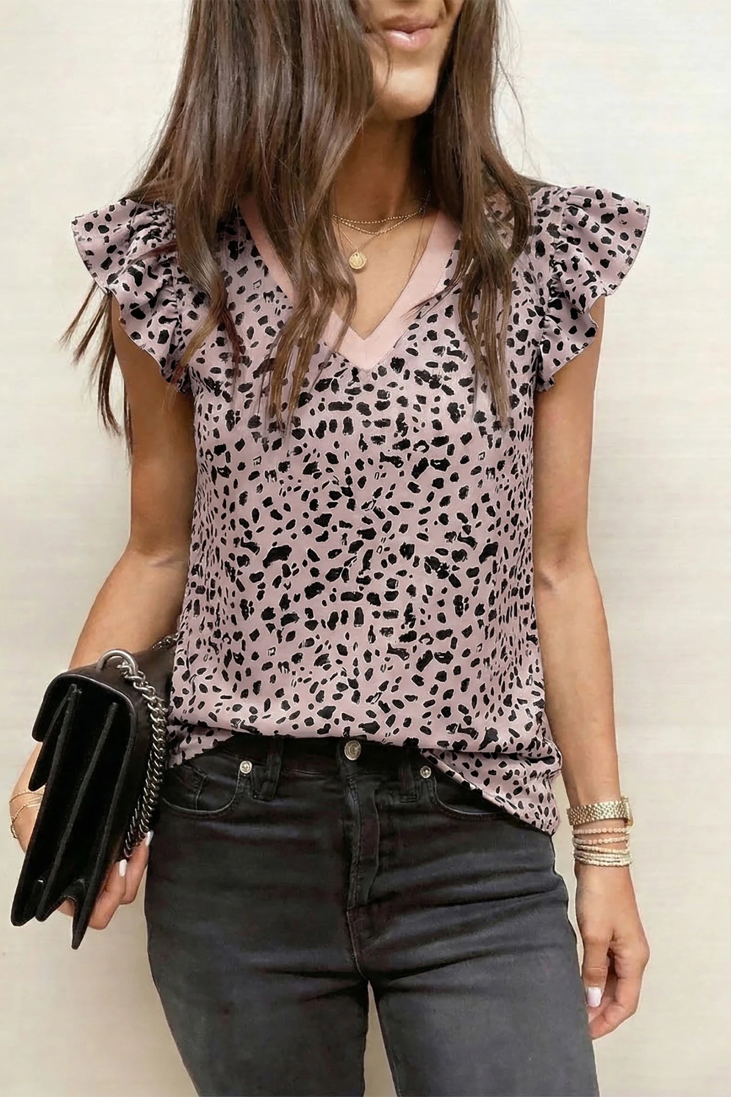 Cheetah Ruffle V Neck Loose Tank | S-XL