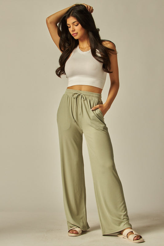 Stretchy Ribbed Drawstring Pocket Wide Leg Pants