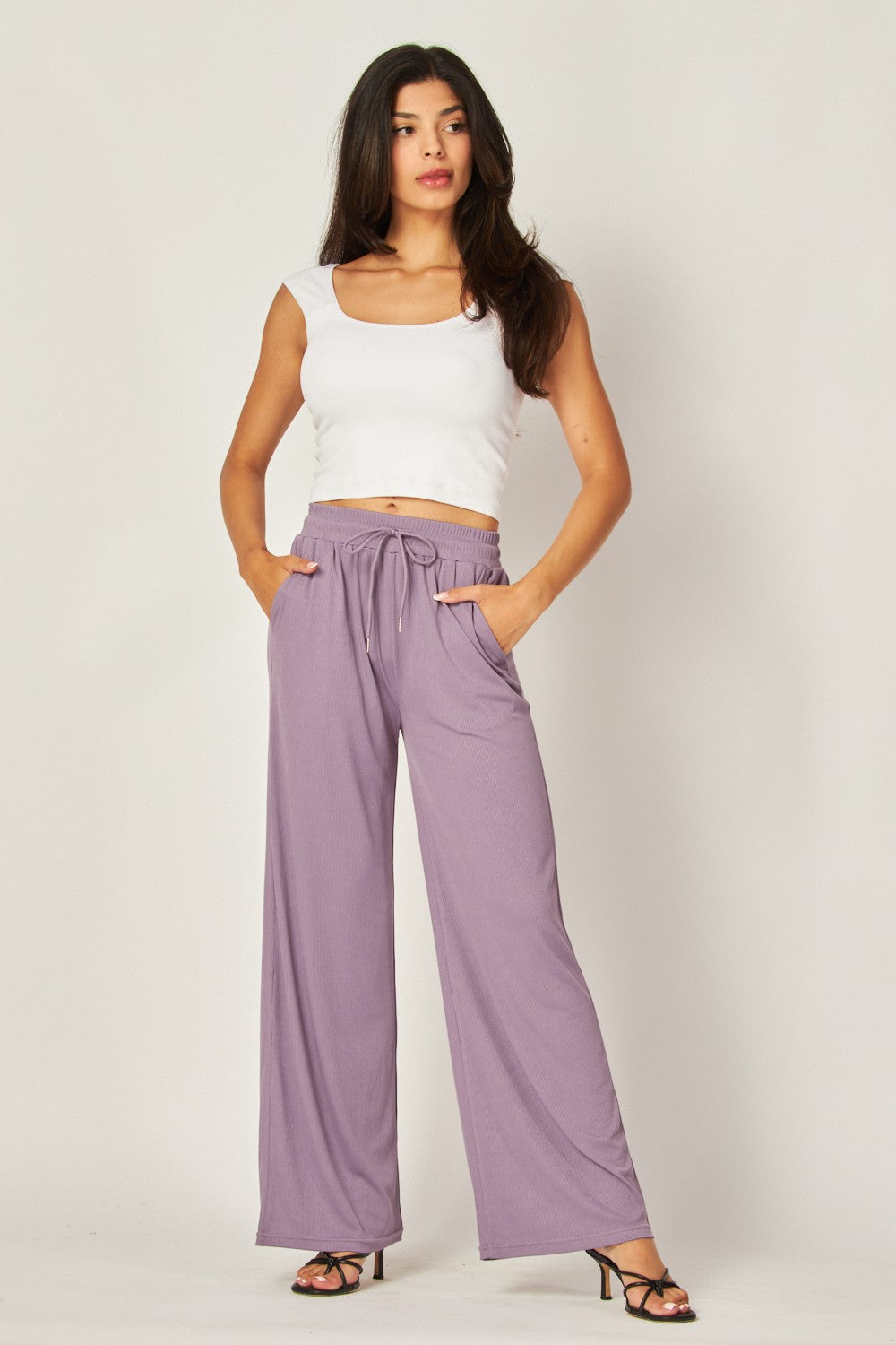 Stretchy Ribbed Drawstring Pocket Wide Leg Pants