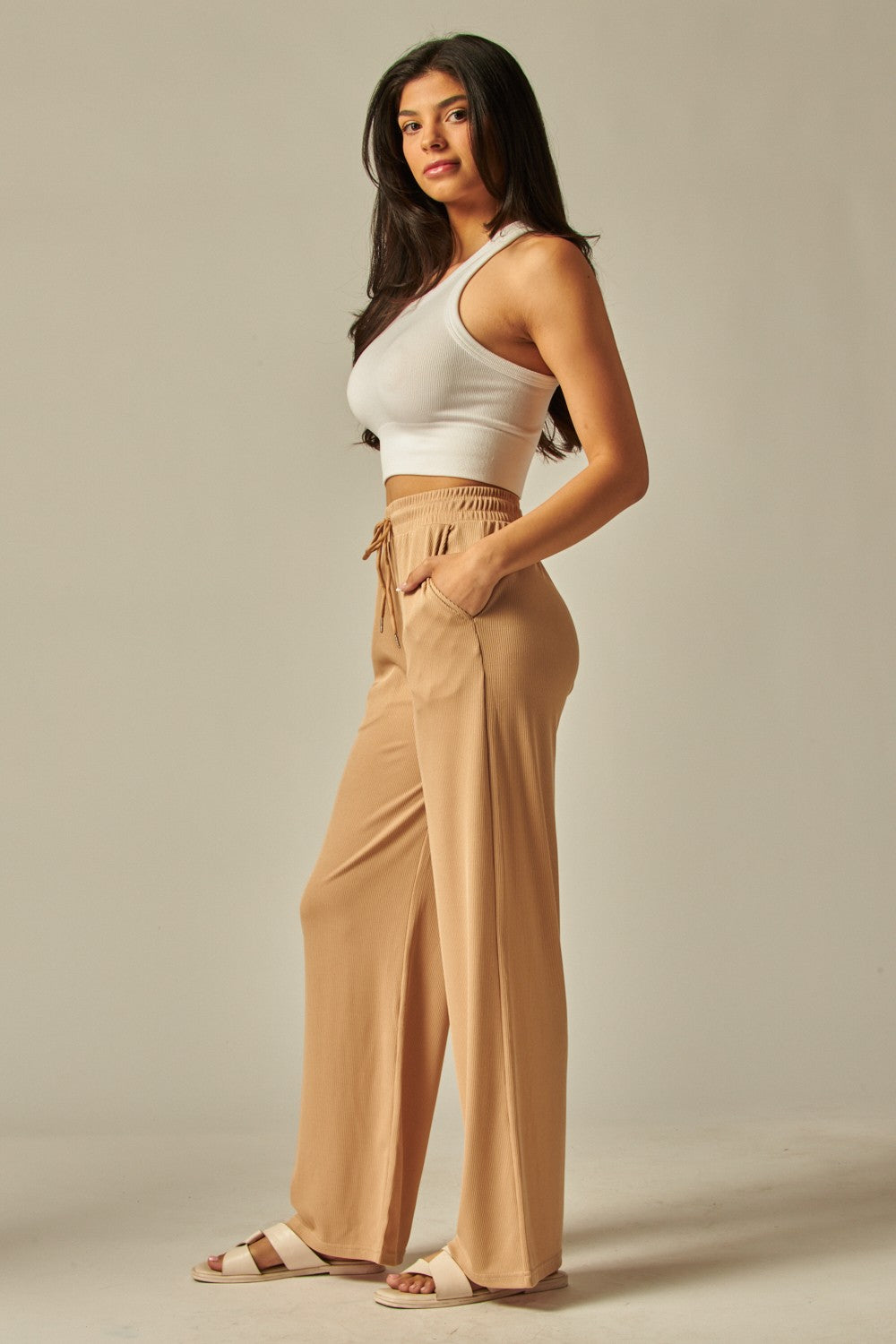 Stretchy Ribbed Drawstring Pocket Wide Leg Pants