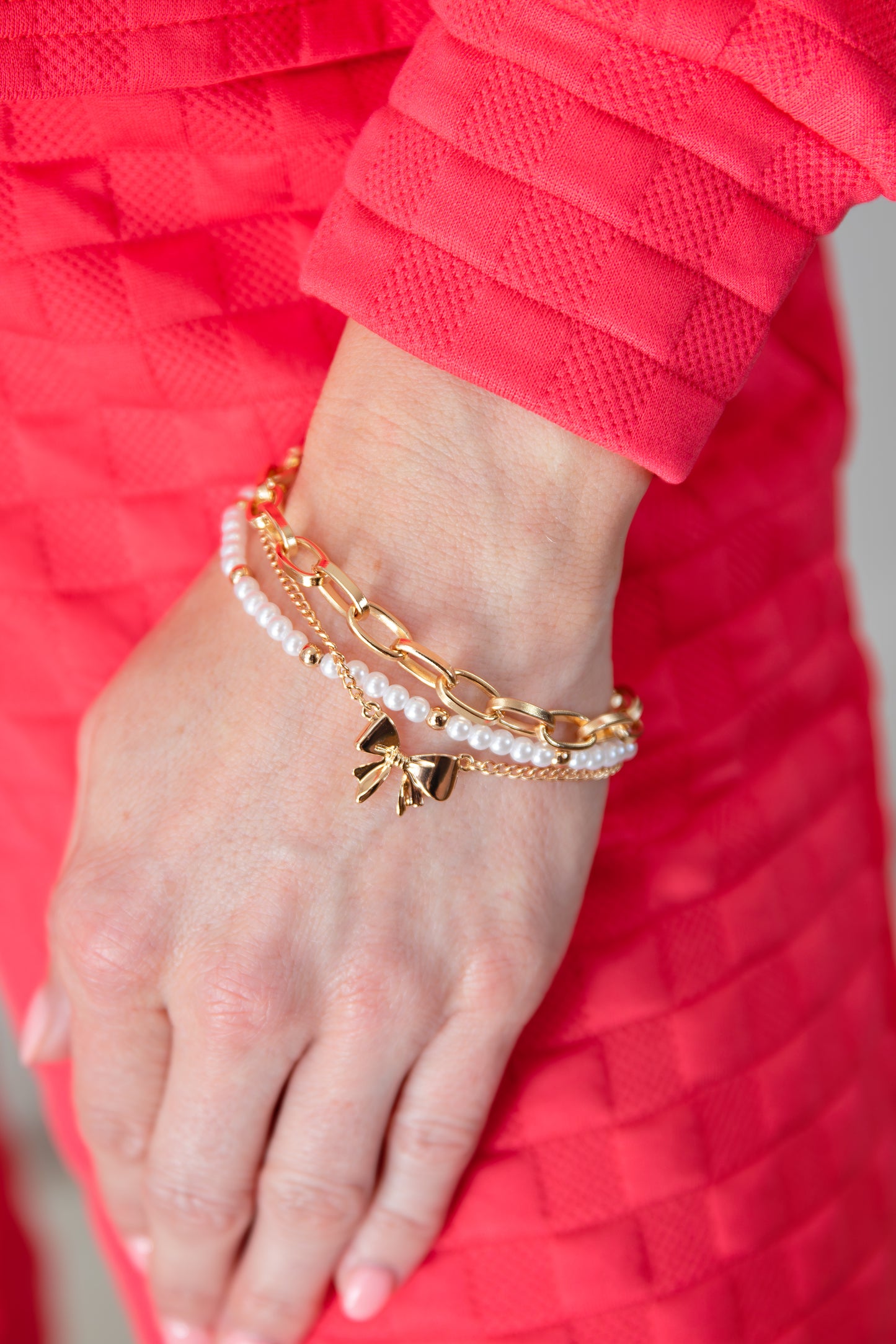 Bow Pearl Link Trio Set Bracelet