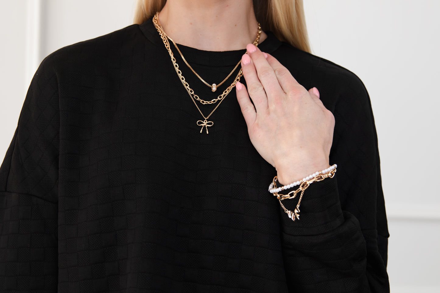 Multi Layer Pearl Bow Charm Necklace