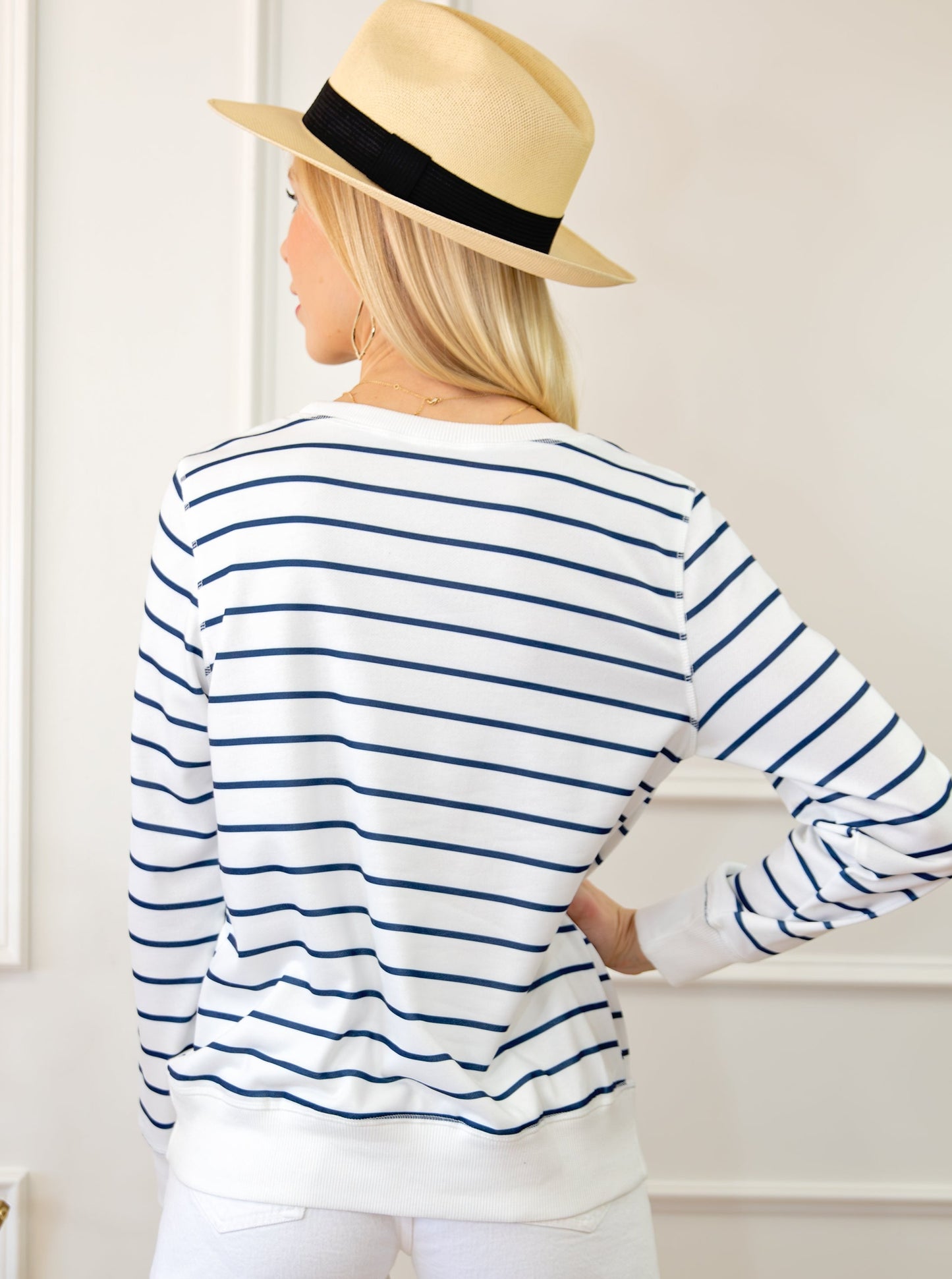 Striped Ribbed Trim Long Sleeve Top