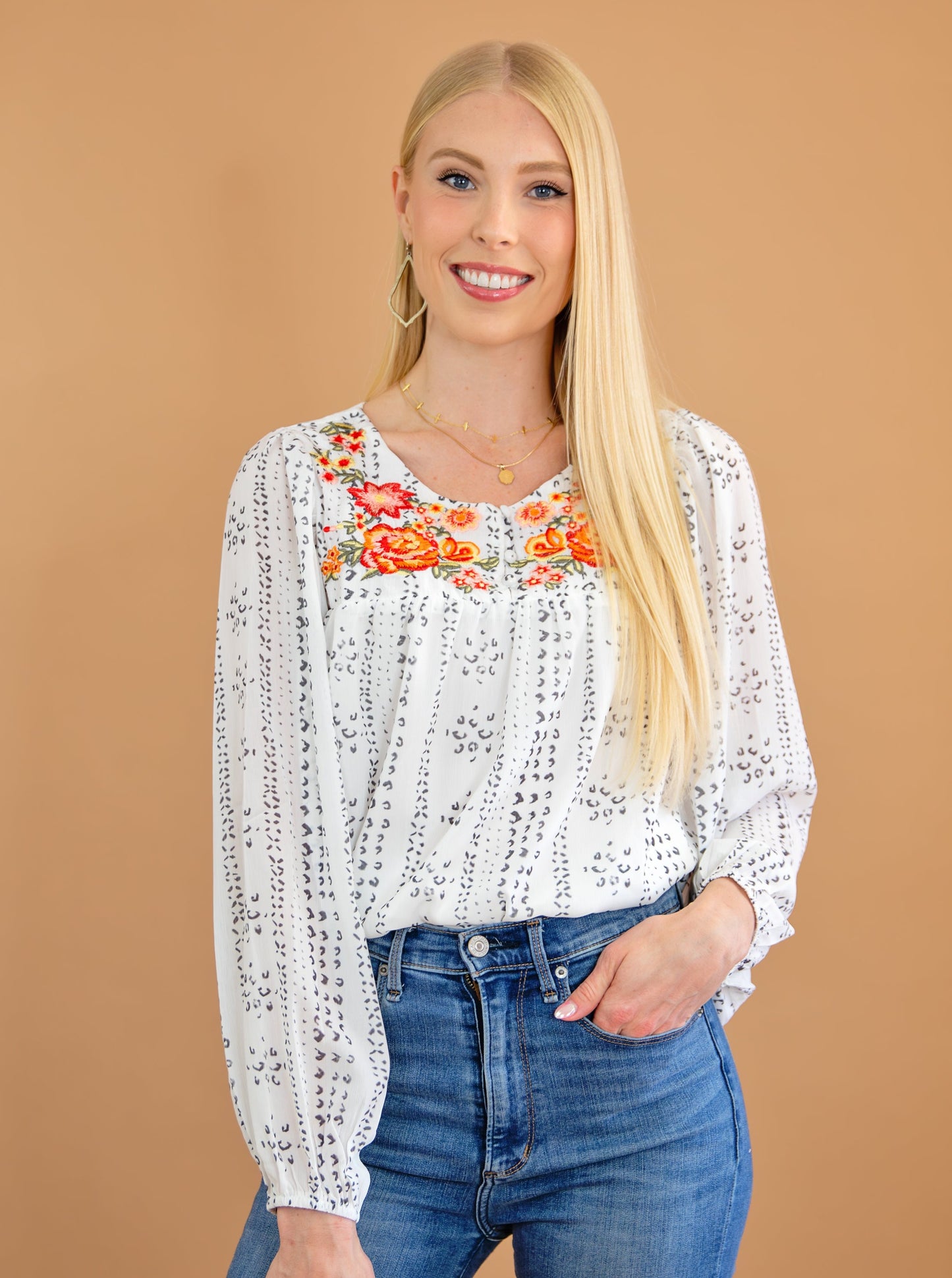 Embroidered Balloon Sleeve Blouse
