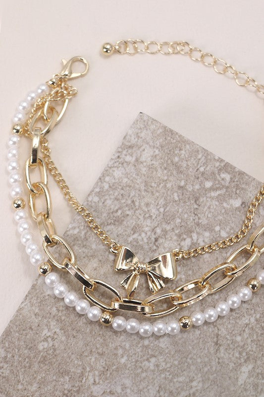 Bow Pearl Link Trio Set Bracelet