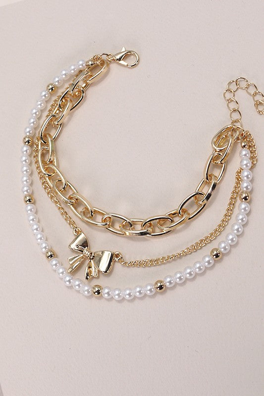 Bow Pearl Link Trio Set Bracelet