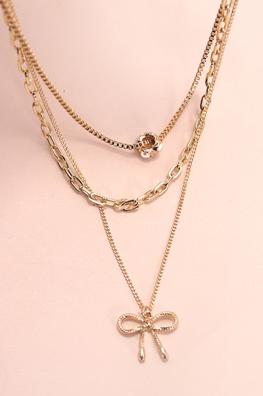 Multi Layer Pearl Bow Charm Necklace