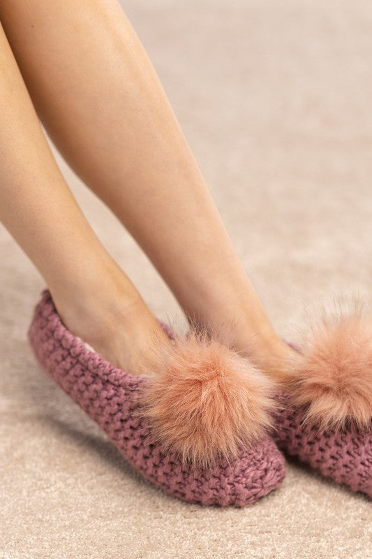Knitted Slippers with Pom Pom