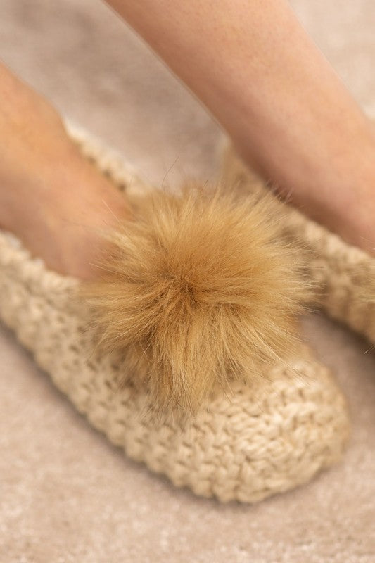 Knitted Slippers with Pom Pom