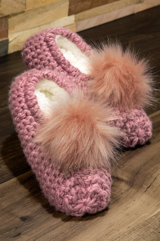 Cozy Knitted Slippers with Pom Pom
