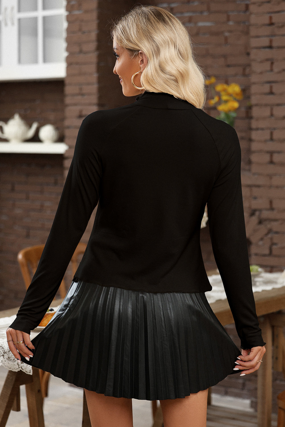 Knit Lettuce Trim High Neck Long Sleeve Top | S -2XL