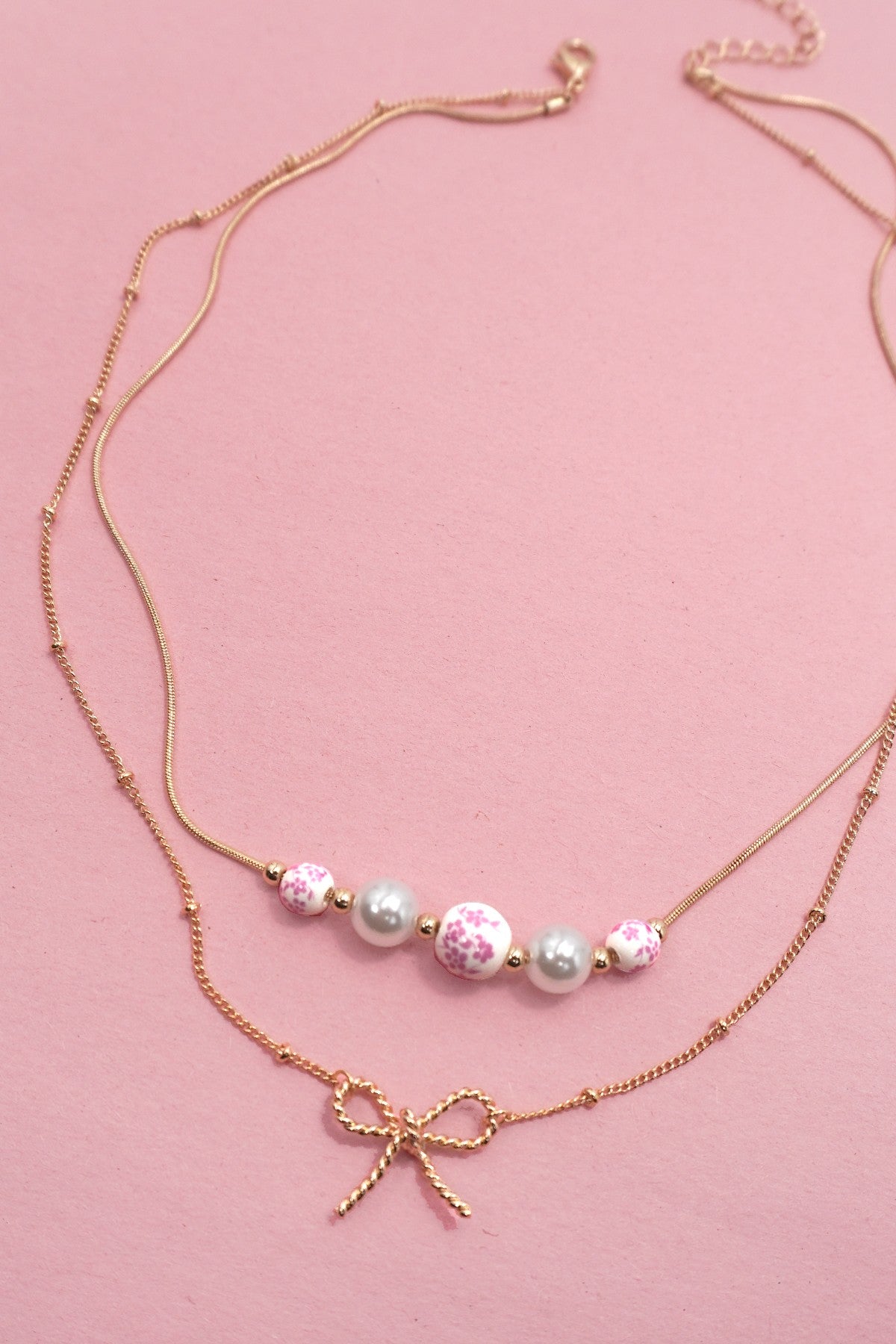 Ceramic Porcelain Pearl Bow Layer Necklace