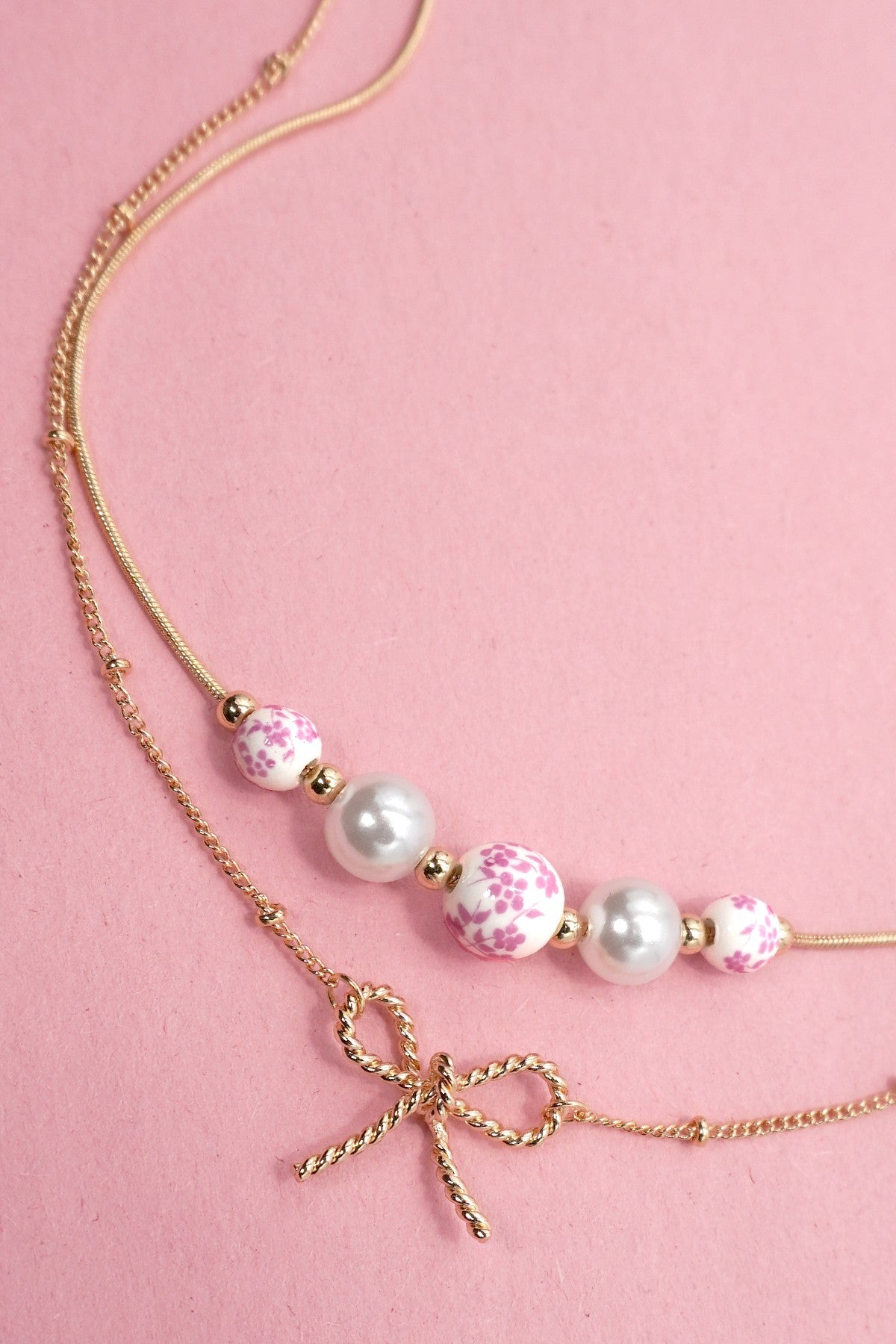 Ceramic Porcelain Pearl Bow Layer Necklace