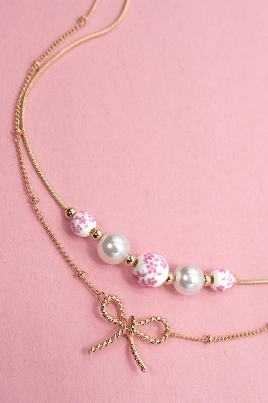 Ceramic Porcelain Pearl Bow Layer Necklace