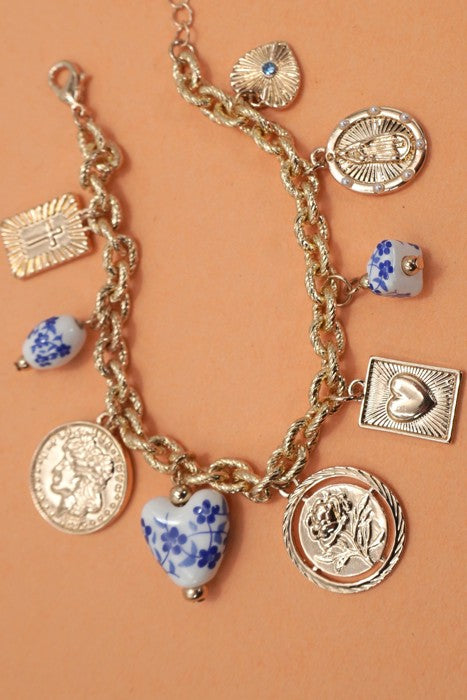 Blue Ceramic Porcelain Coin Cross Charm Bracelet
