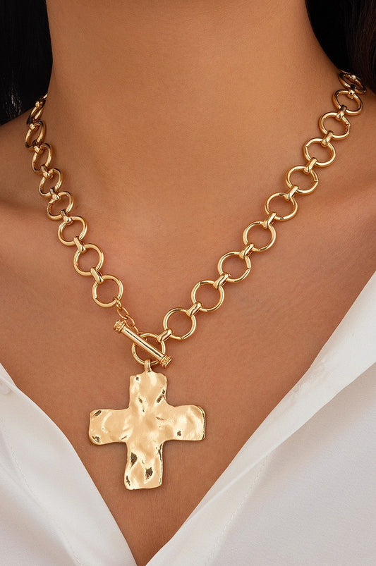 Hammered Cross Front Toggle Necklace