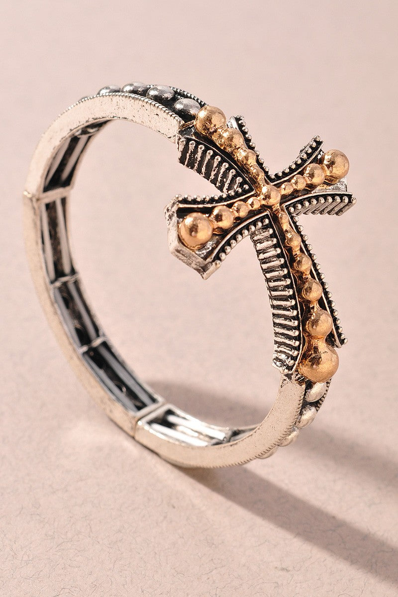 Western Style Rustic Cross Ball Bead Stretch Bracelet