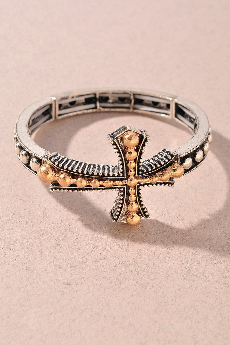 Western Style Rustic Cross Ball Bead Stretch Bracelet