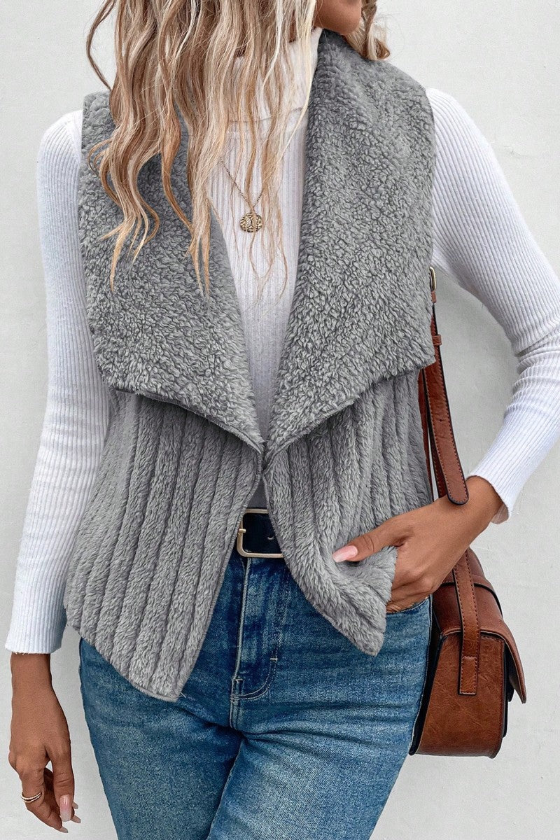 Collared Open-Front Teddy Vest | S-XL