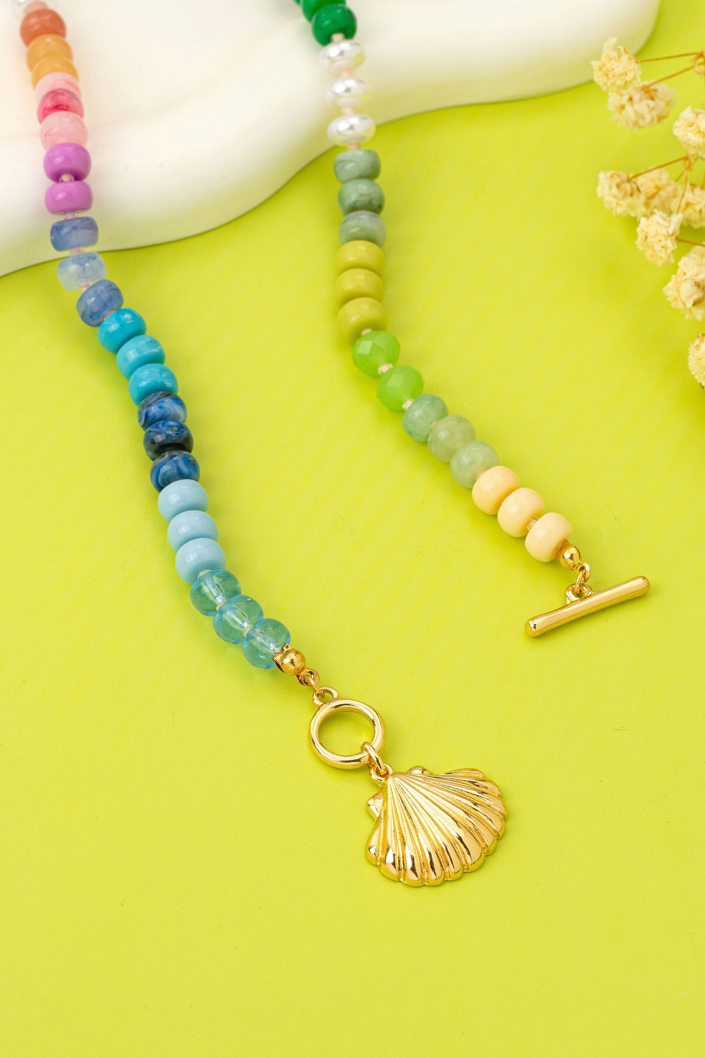 Rainbow Beaded Seashell Toggle Charm Necklace
