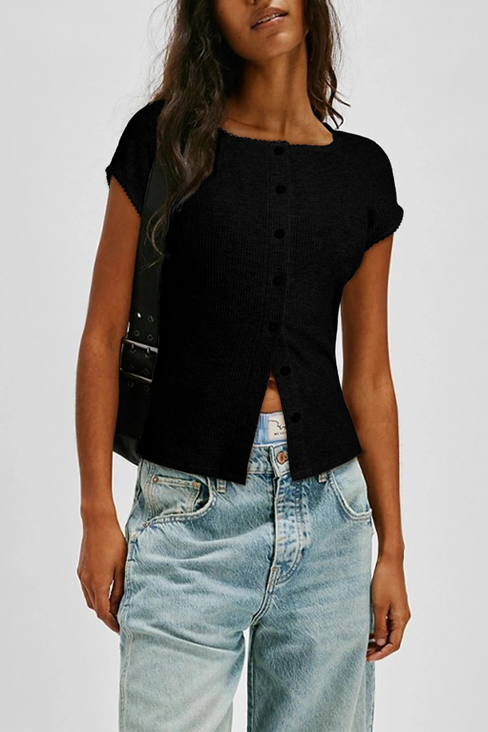 Lace Edge Ribbed Knit Short Sleeve Top | S-XL