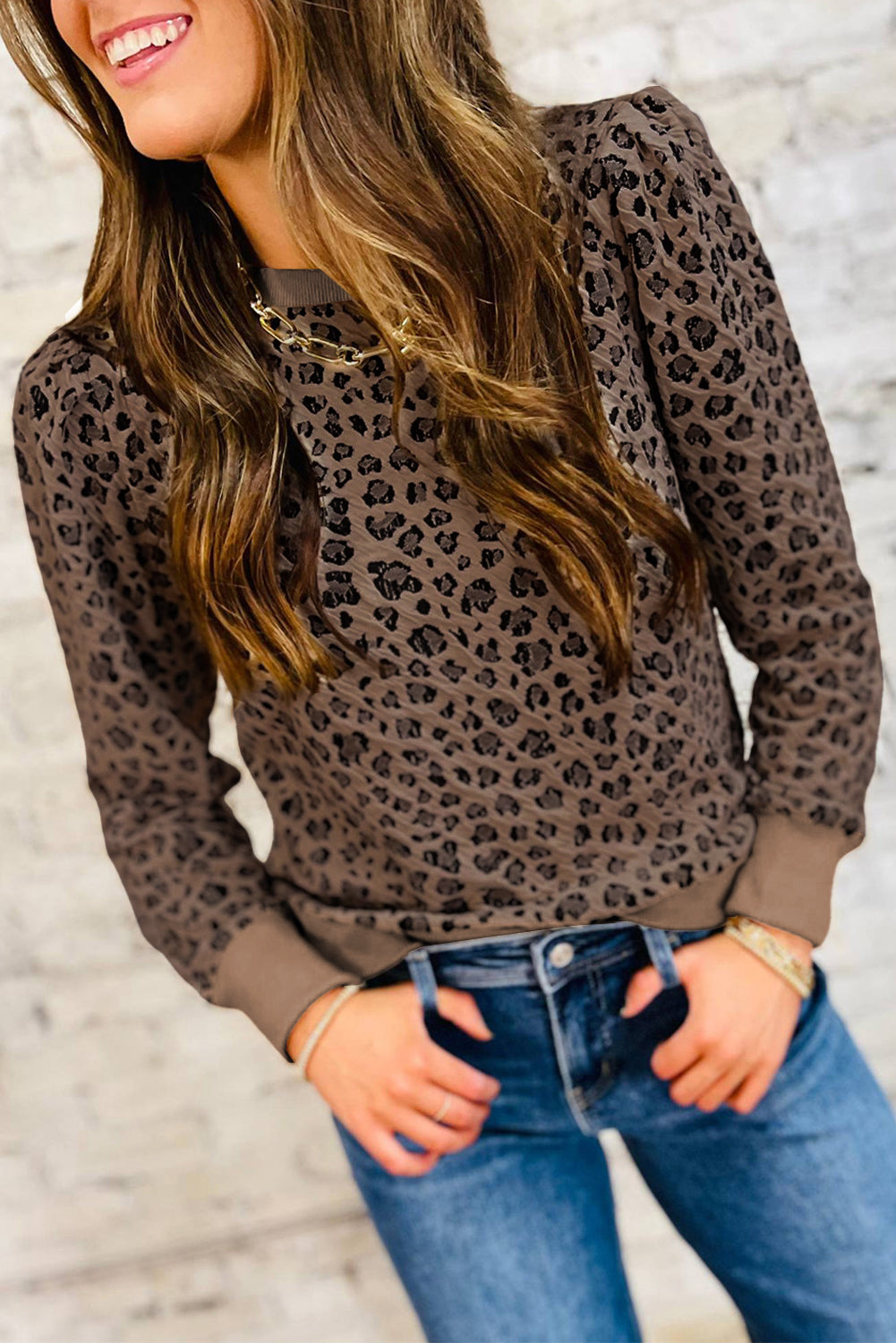 Ribbed Trim Leopard Print Long Sleeve Top | S-XL