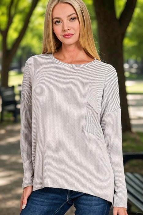 Ribbed Striped Oversized Long Sleeve Top
