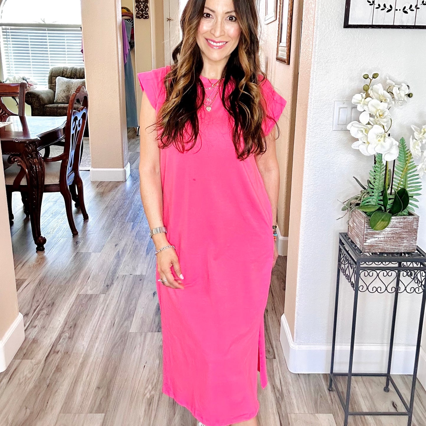 Round Neck Short Sleeve Midi Dress | S-XL