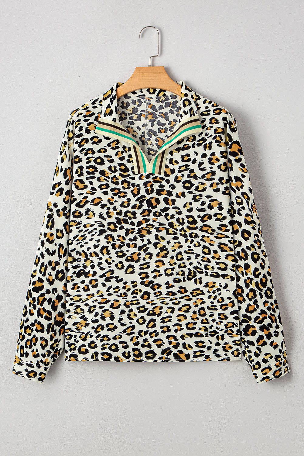 Leopard Print Contrast Striped V Neck Blouse | S-XL