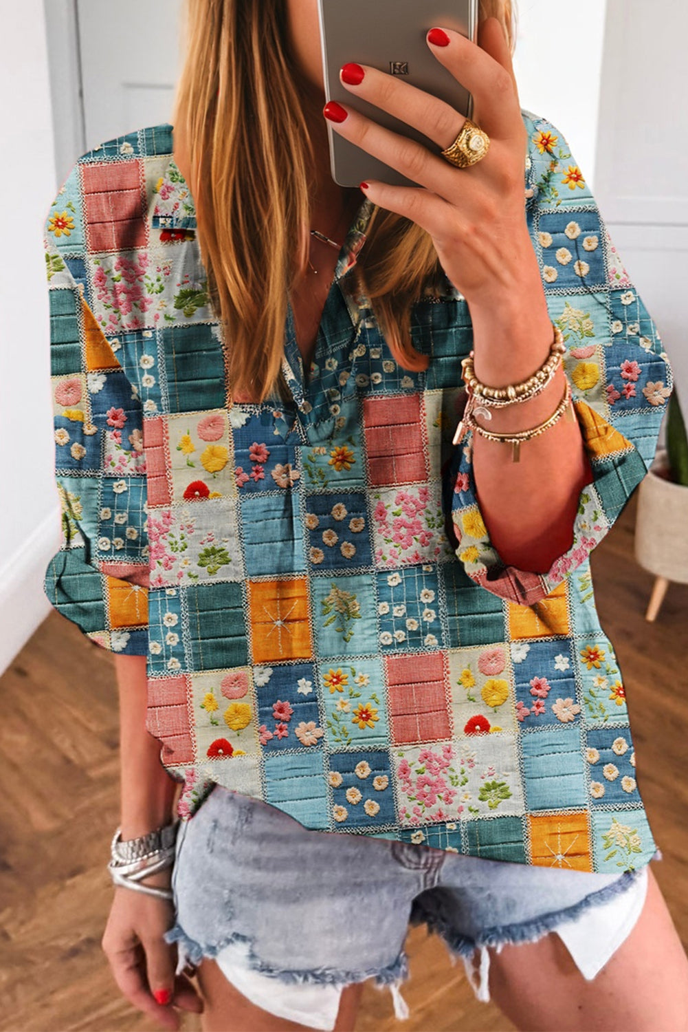 Boho Print Bloom Collared Roll up Sleeve Blouse | S-XL