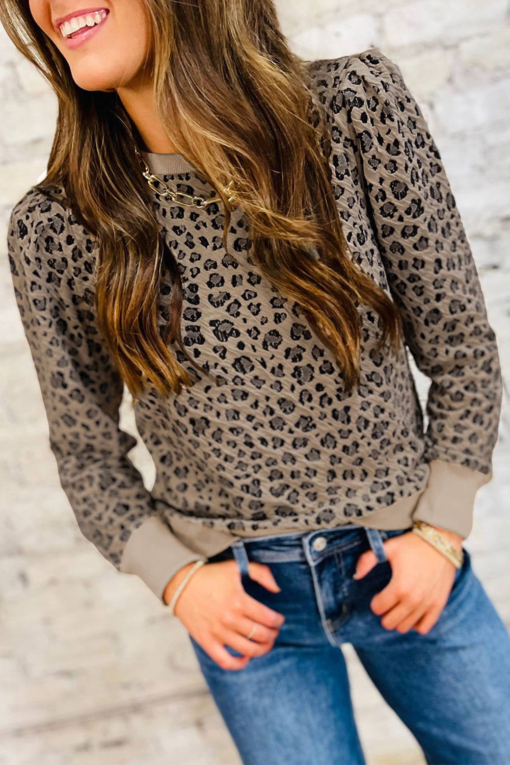 Ribbed Trim Leopard Print Long Sleeve Top | S-XL