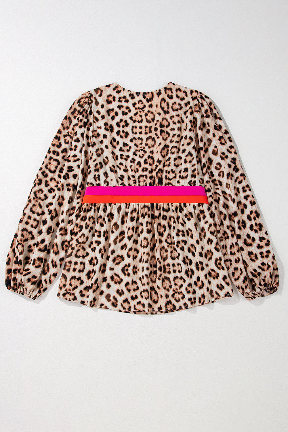 Cheetah Color Block V Neck Balloon Sleeve Babydoll Blouse | S-XL