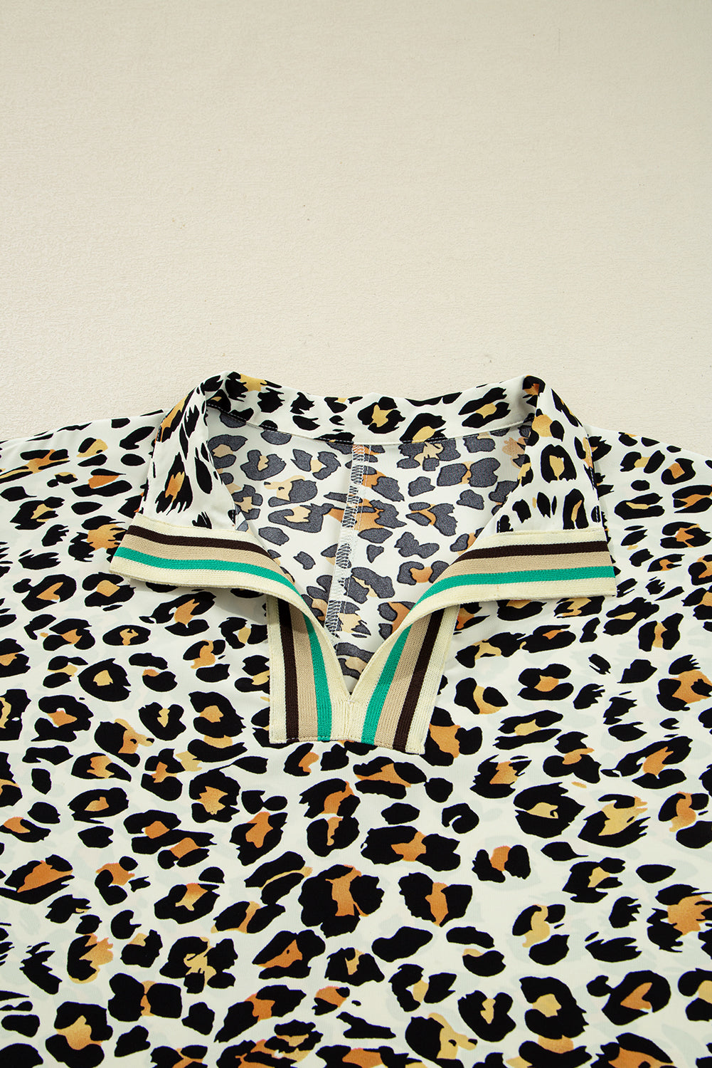 Leopard Print Contrast Striped V Neck Blouse | S-XL