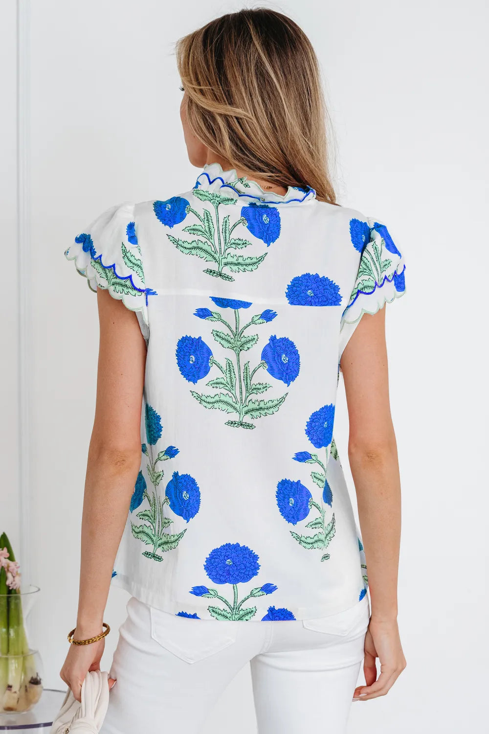 Floral  Print Scallop Trim Blouse | S-XL