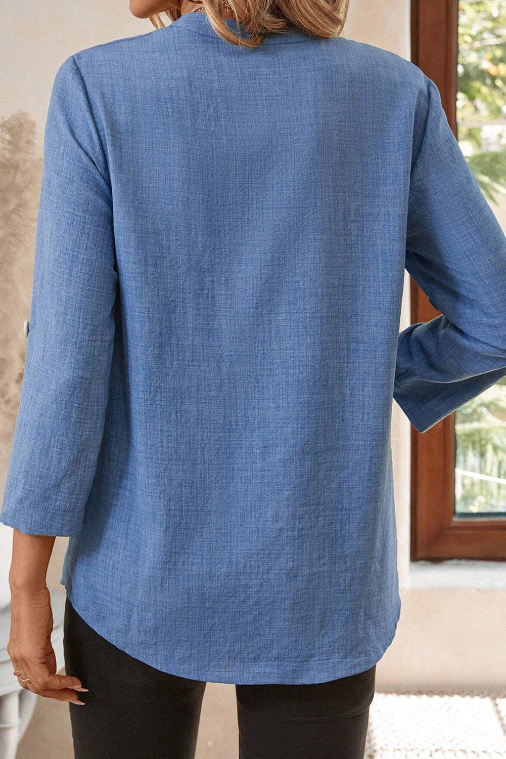 Notched V Neck Roll up 3/4 Sleeve Blouse | S-XL