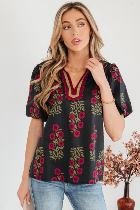Sweet Bloom Contrast Bubble Sleeve Top  | S-XL