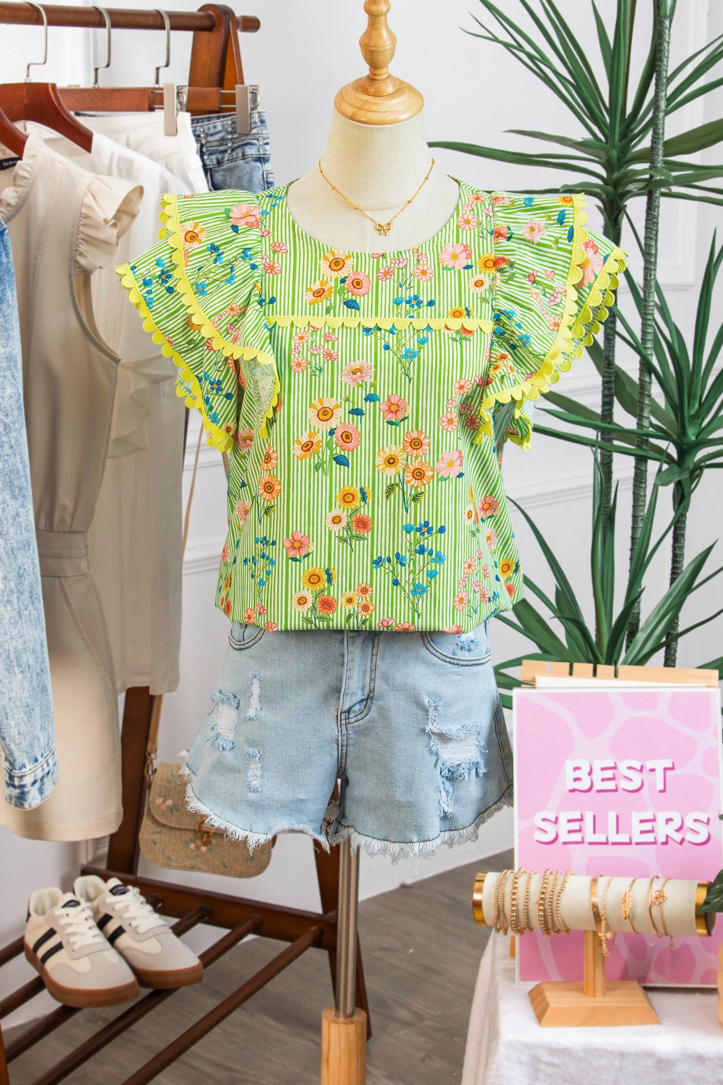 Stripe Floral Ruffle Sleeve Top | S-XL