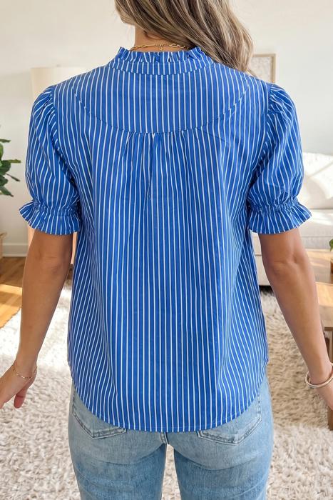 Short Puff Sleeve Stripe Ruffle Blouse | S-XL