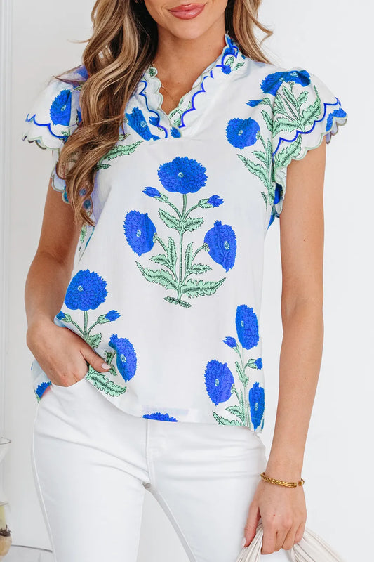 Floral  Print Scallop Trim Blouse | S-XL