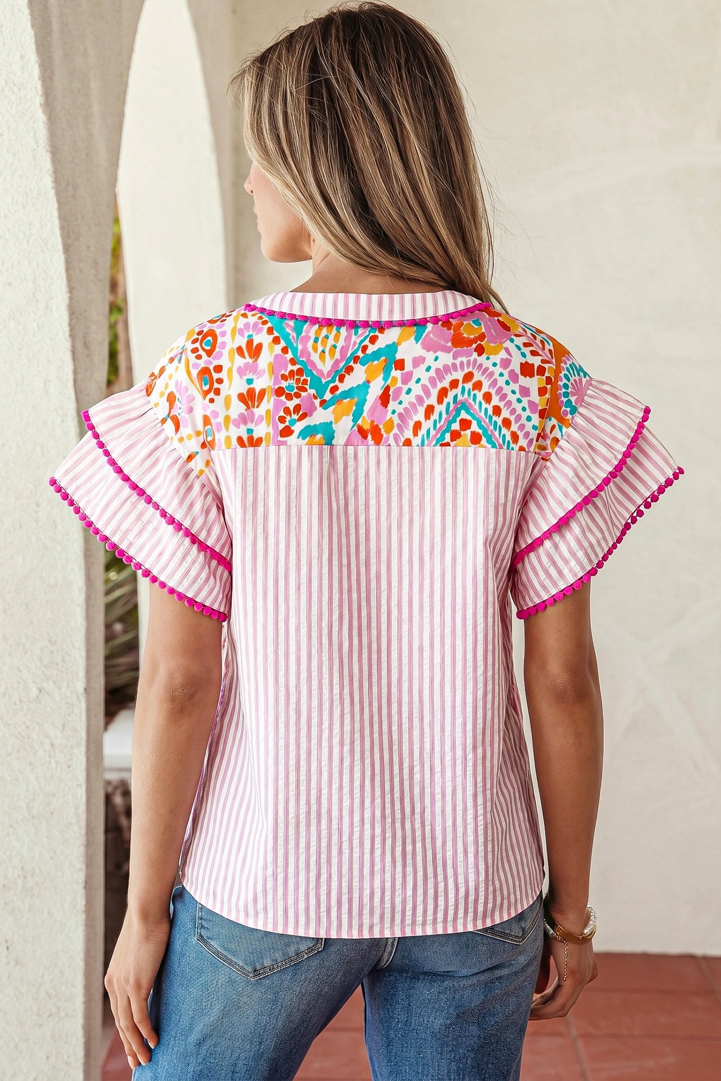 Boho Mixed Print Tiered Short Sleeve Blouse | S-XL