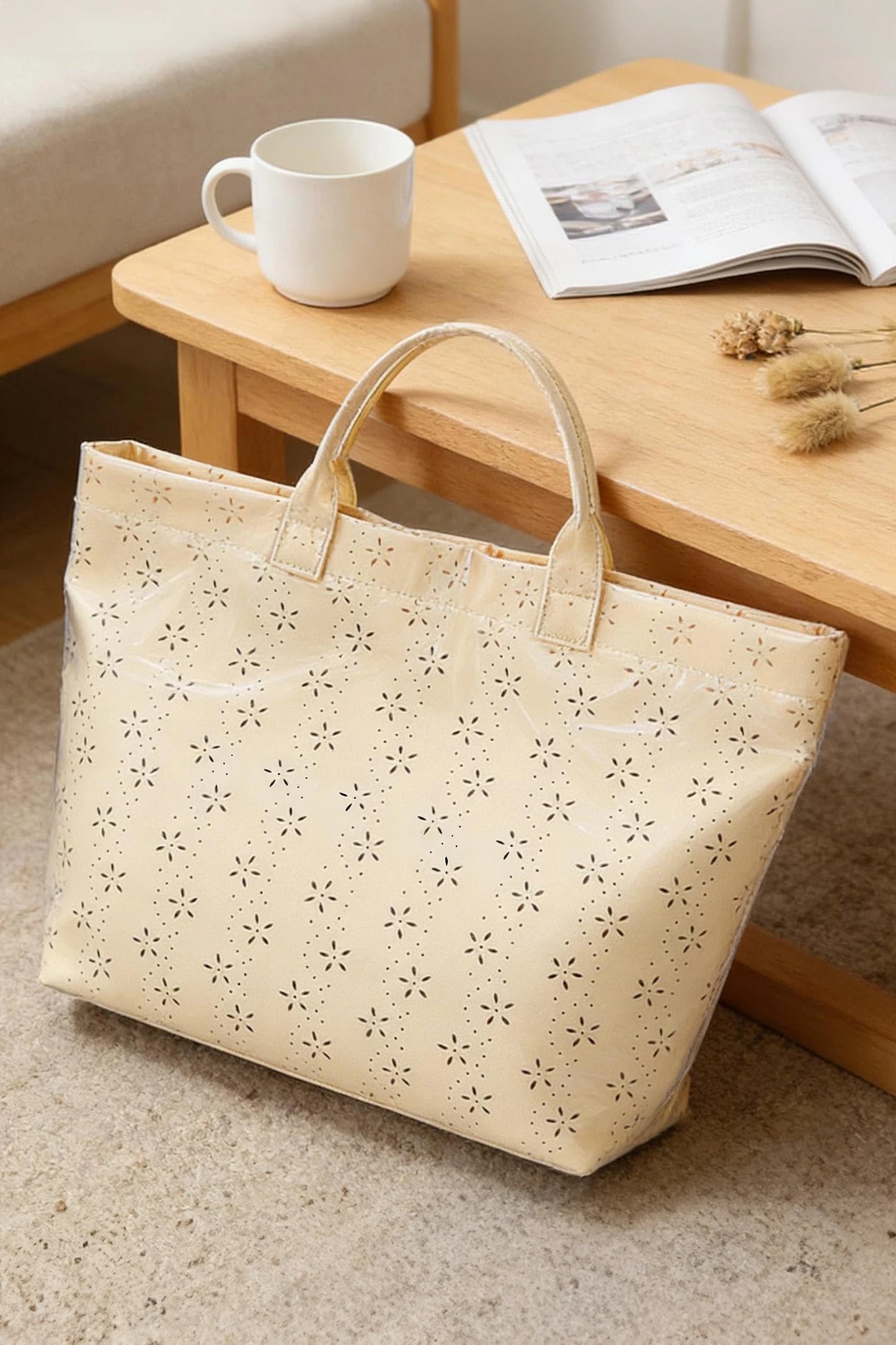 Glossy Floral Eyelet Waterproof Tote Bag
