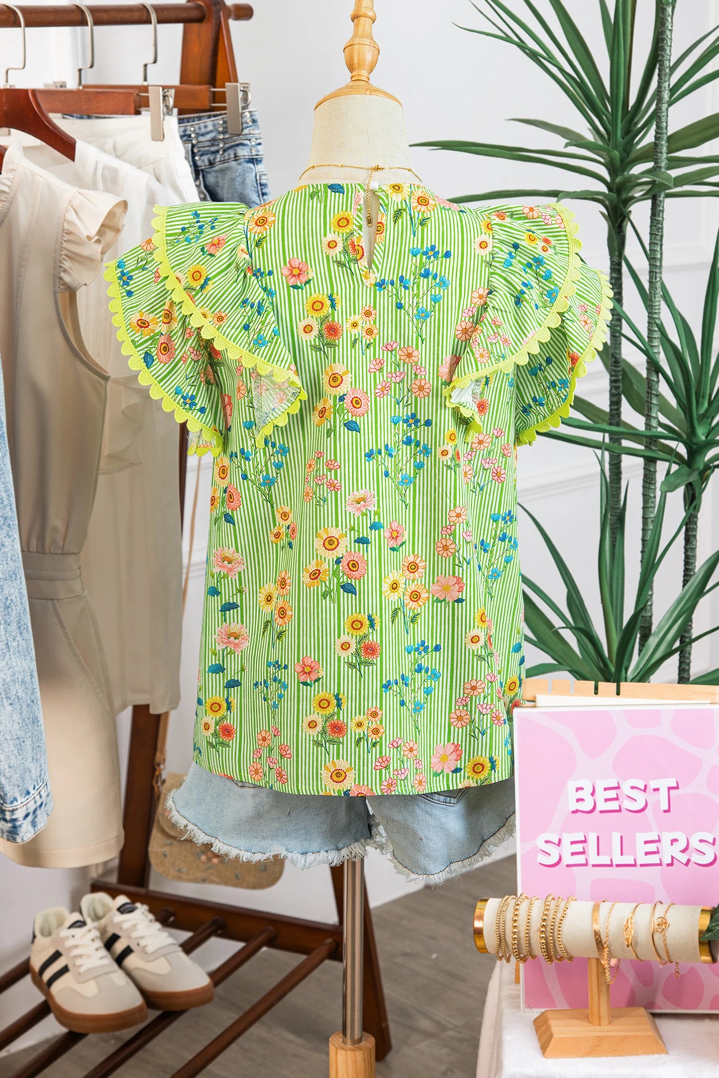 Stripe Floral Ruffle Sleeve Top | S-XL
