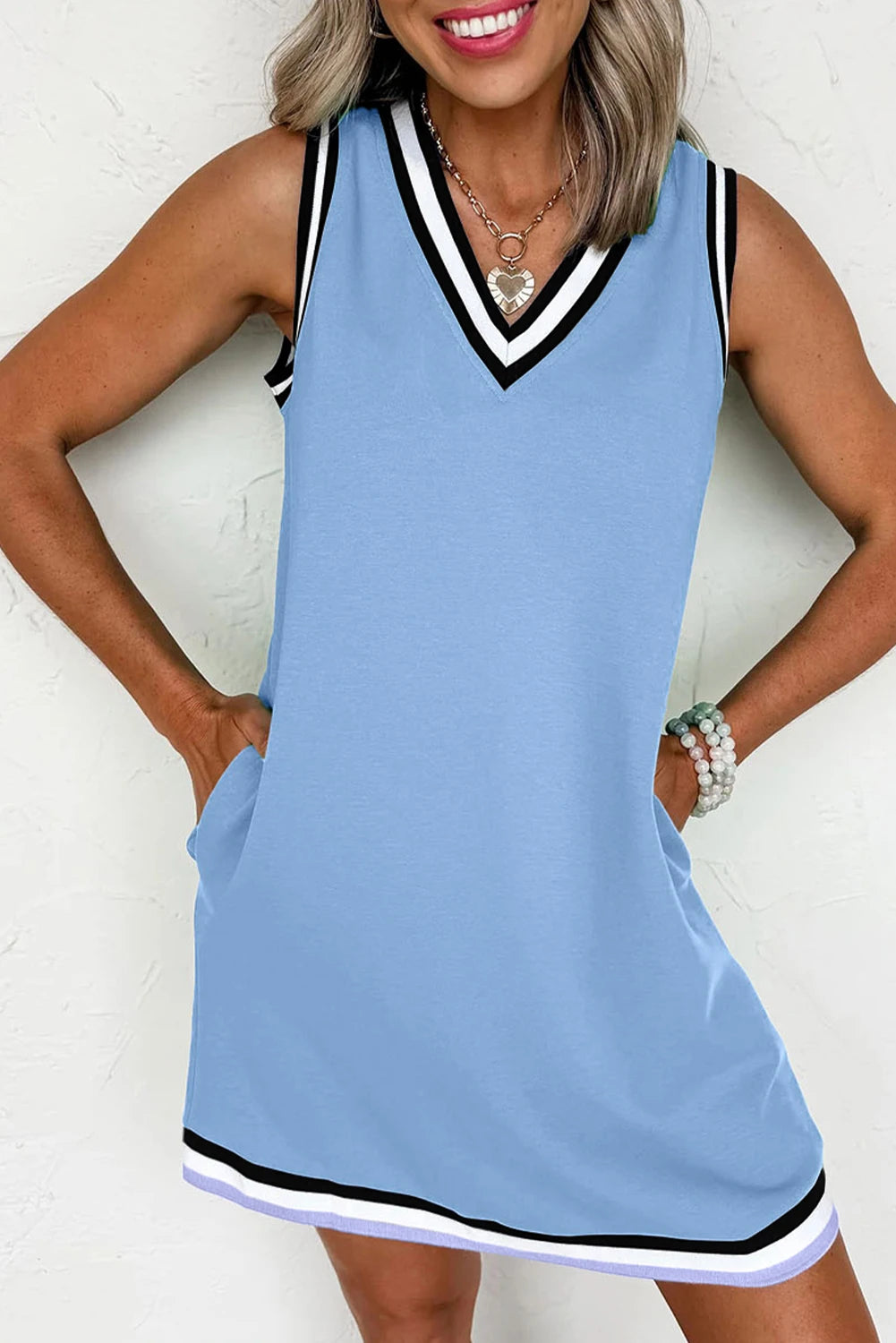 Contrast Trim V Neck Shift Sleeveless Mini Dress