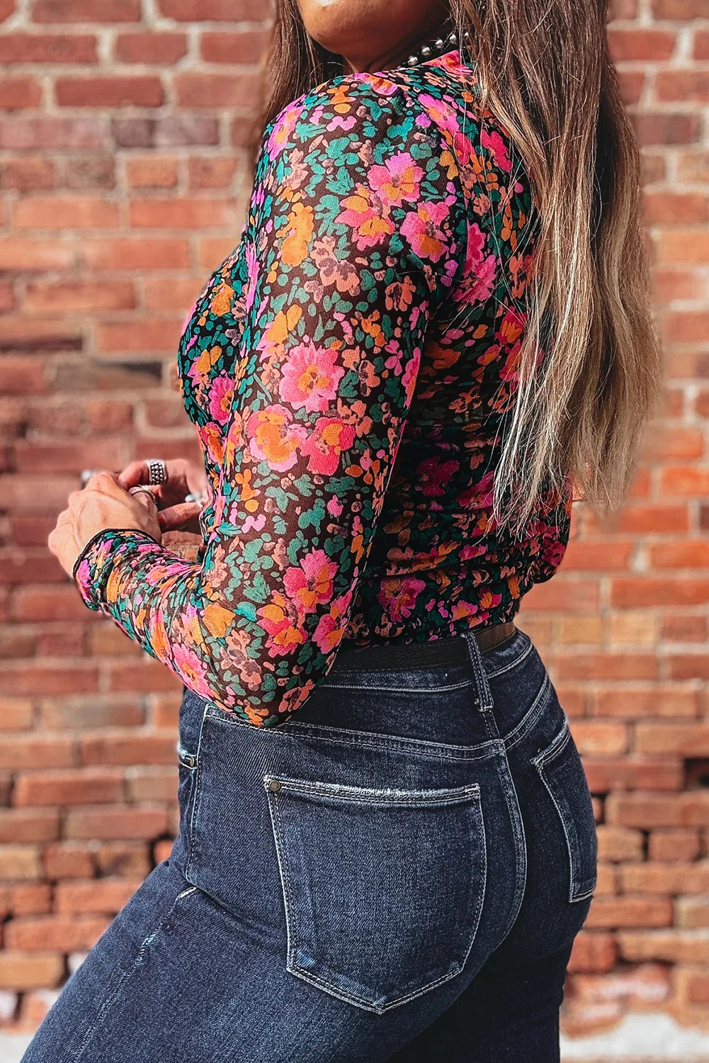Floral Mesh Mock Neck Long Sleeve Top | S-XL