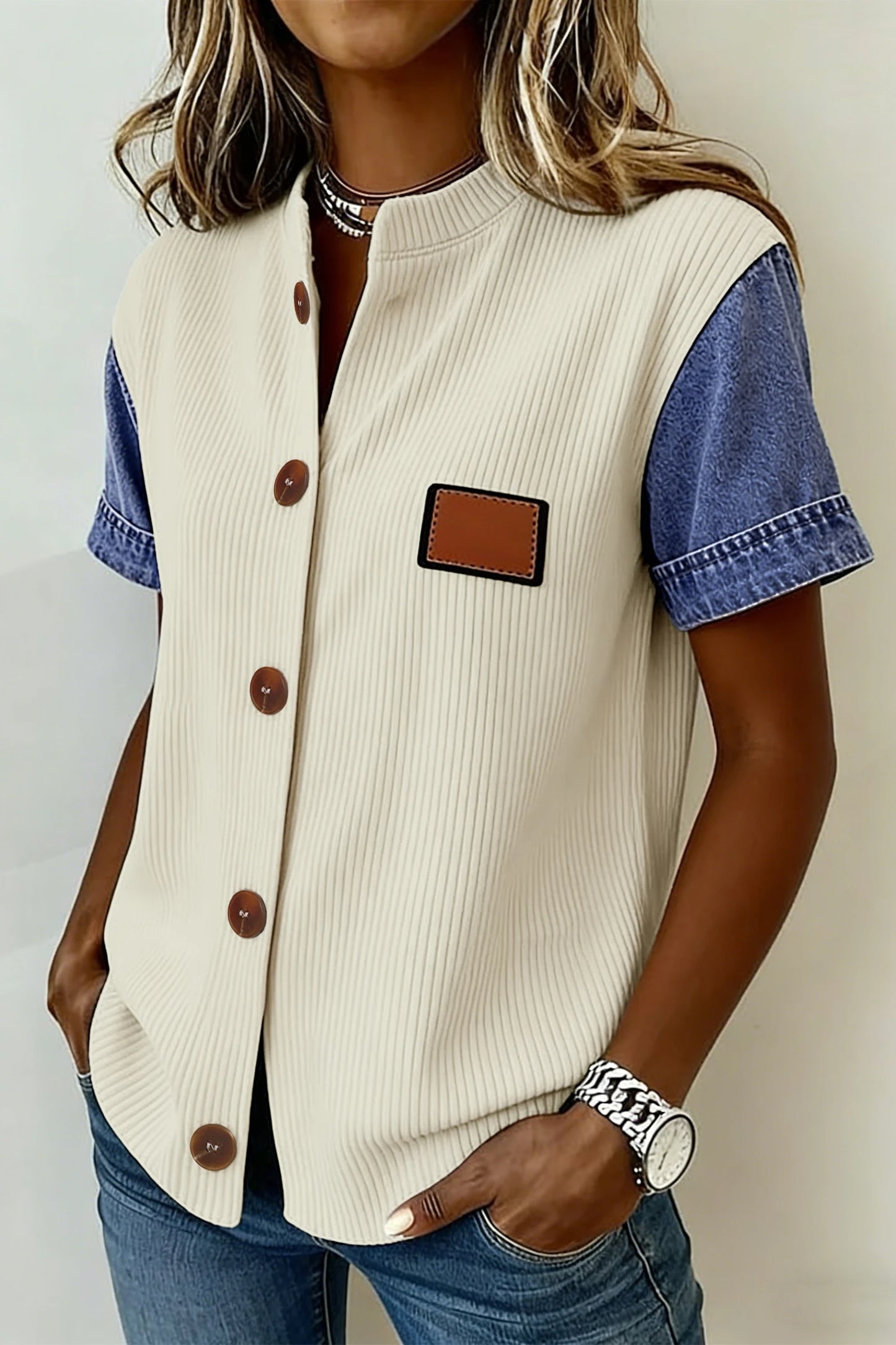 Ribbed Denim Patch Shirt | S-XL