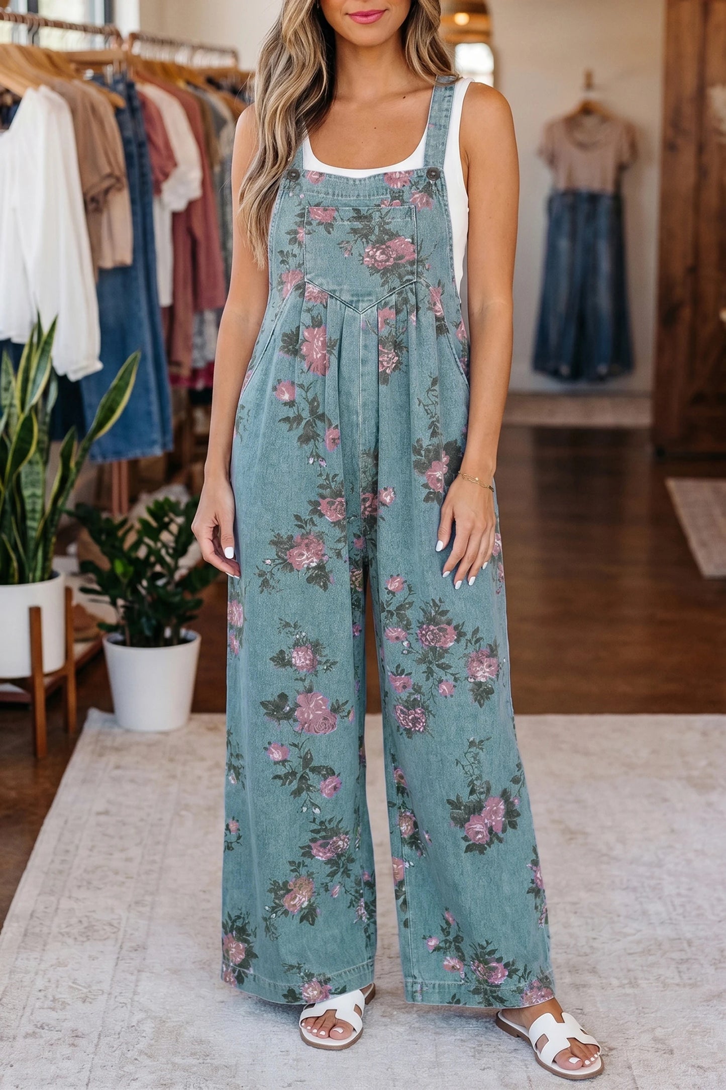 Pleated Floral High-Waist Wide-Leg Denim Jumpsuit | S-XL