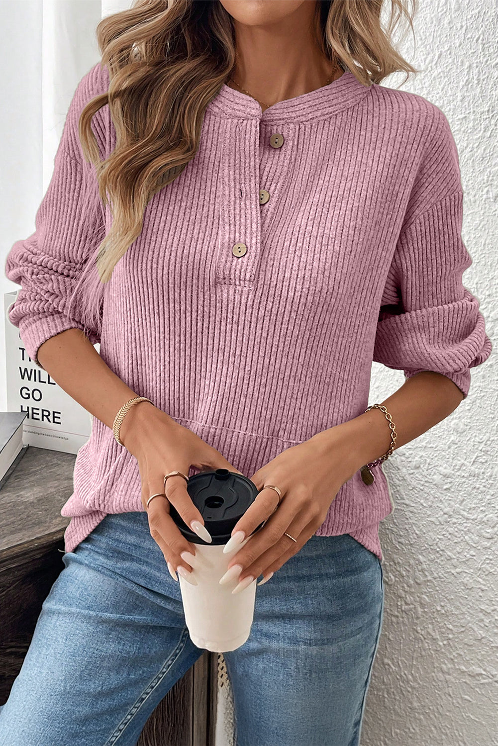 Ribbed  Henley Knit Front Pouch Pocket Top | S-XL
