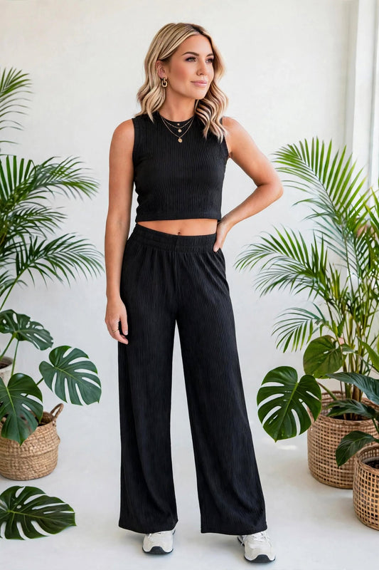 Crinkle Textured Cropped Top 2pc Loungewear Set