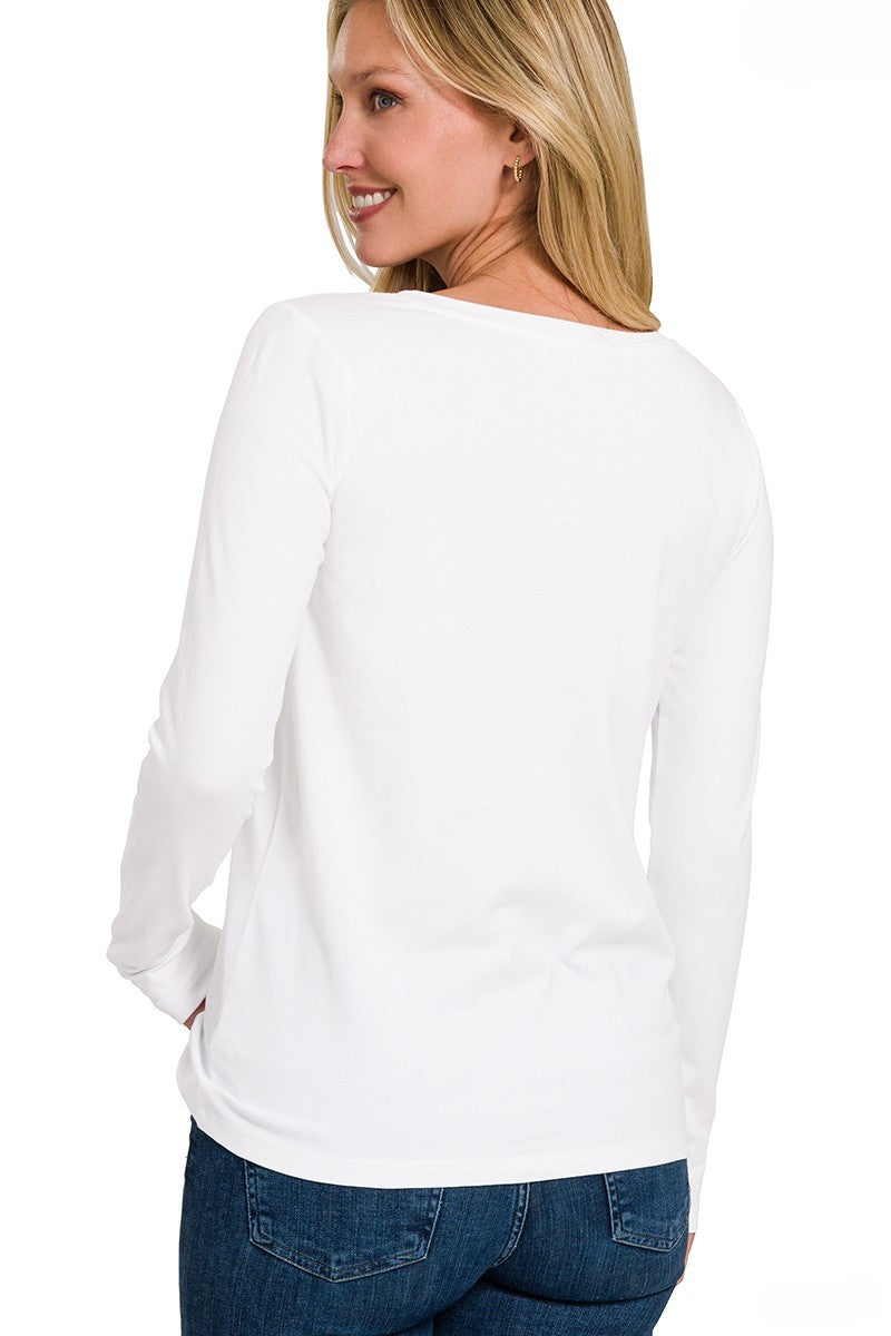 Cotton V-Neck Long Sleeve T-Shirt