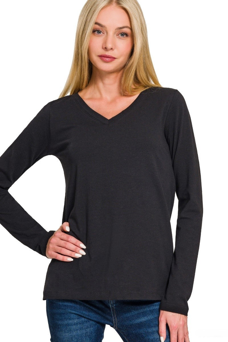 Cotton V-Neck Long Sleeve T-Shirt